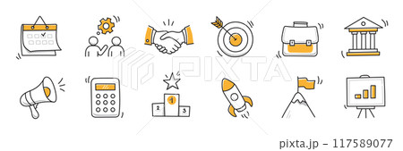 Hand drawn doodle business, money icon set. Finance, startup marketing sketch drawn cute trendy line doodle icon. Business work, finance rocket, growth economic goal elements. Vector Hand drawn doodle business, money icon set. Finance, startup marketing sketch drawn cute trendy line doodle icon. Business work, finance rocket, growth economic goal elements. Vector 117589077