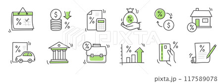Loan interest rate doodle icon set. Hand drawn sketch doodle line style bank money loan interest rate icon for house, car discount percentage concept. Trendy cute element. Vector 117589078