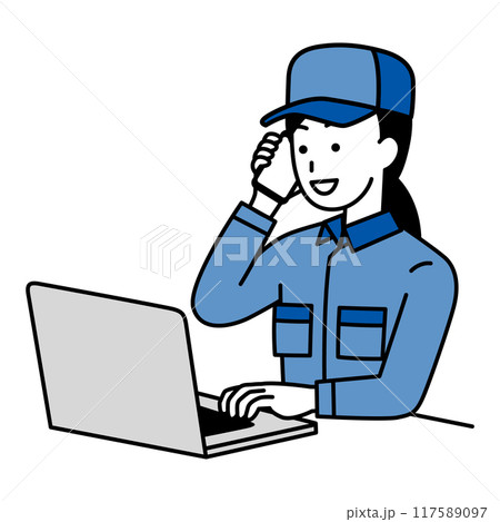 電話をするノートパソコンで仕事をしているつなぎ作業服の女性 電話をするノートパソコンで仕事をしているつなぎ作業服の女性 117589097