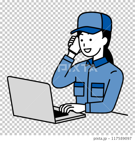 一位穿著工作服的女士一邊打電話一邊使用筆記型電腦 一位穿著工作服的女士一邊打電話一邊使用筆記型電腦 117589097