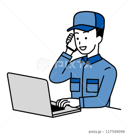 電話をするノートパソコンで仕事をしているつなぎ作業服の男性 117589098