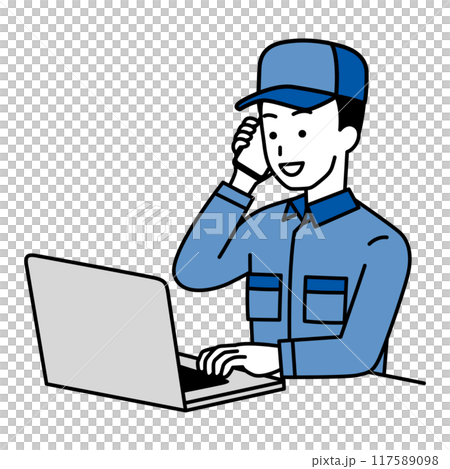 一名穿著工作服的男子在筆記型電腦上打電話 一名穿著工作服的男子在筆記型電腦上打電話 117589098