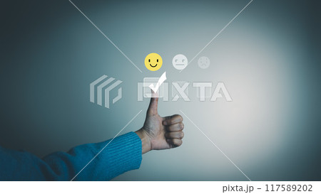 Satisfaction concept of customer, express their opinions, answers and satisfied scores, client is satisfied with pressing smile face icon, excellent service, good feedback from user 117589202