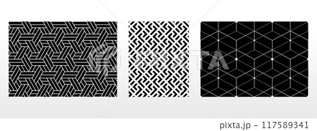 Geometric set of seamless black and white patterns. Simple vector graphics. 117589341