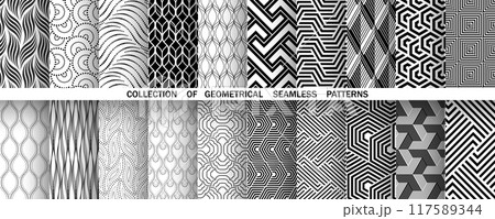 Geometric set of seamless black and white patterns. Simple vector graphics. 117589344