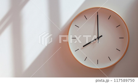 Minimalist Wooden Clock at 20.00/08.00 with Soft Shadows on White Wall - Perfect for Time Management and Lifestyle Branding 117589750