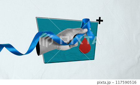 A hand holding a blue ribbon with a triangle in the background 117590516