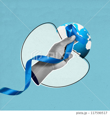 A hand holding a blue ribbon with a triangle in the background 117590517