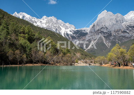 Beautiful view of the Blue Moon Valley a popular spot inside the Jade Dragon Snow Mountain Scenic Area of Lijiang, in Yunnan province, China. 117590882