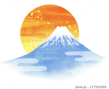 縁起の良い富士山と日の出の和風イラスト 117591009