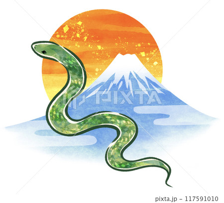 水彩風に描いた巳年のヘビと富士山の年賀状素材 117591010