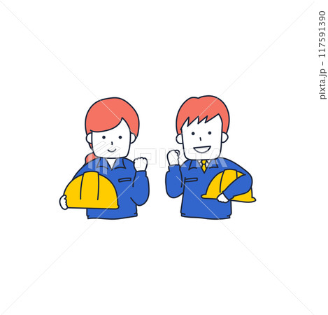 私たちにお任せください！とガッツポーズをする作業服姿の男女2人 117591390