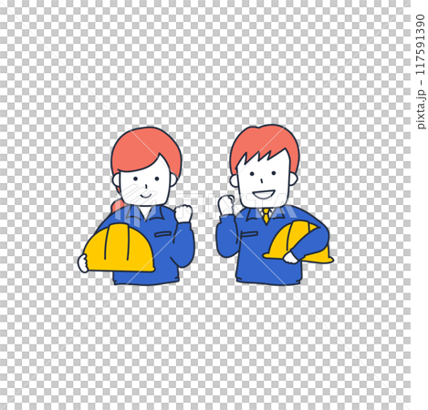 Leave it to us! Two men and women in work clothes pumping their fists in excitement 117591390