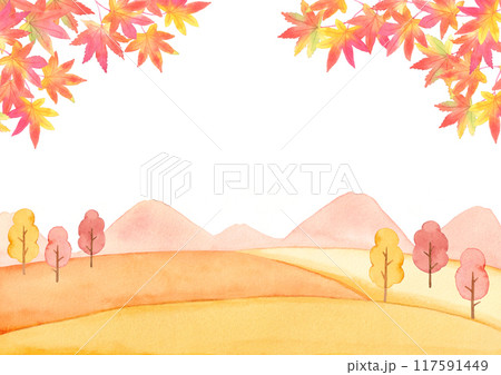 紅葉と秋の風景 水彩イラスト 紅葉と秋の風景 水彩イラスト 117591449