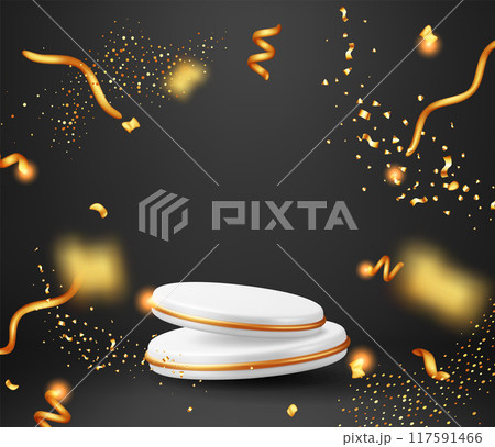 3D white podium with gold confetti isolated 3D white podium with gold confetti isolated 117591466