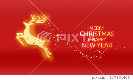 3D gold christmas deer in confetti banner. 3D gold christmas deer in confetti banner. 117591468