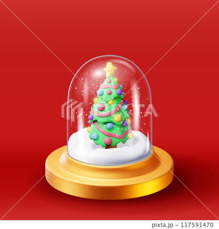 3D glass christmas snow globe with tree 117591470