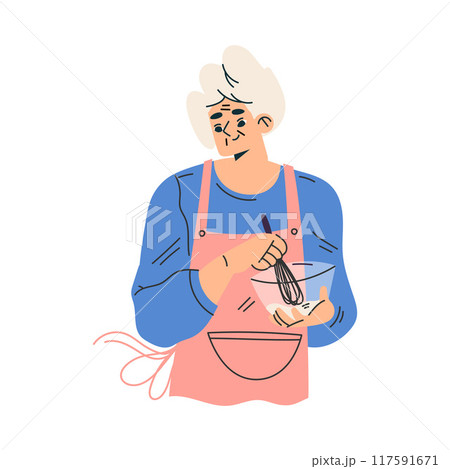 Senior Woman Character in Apron Cooking with Whisk and Bowl Vector Illustration 117591671