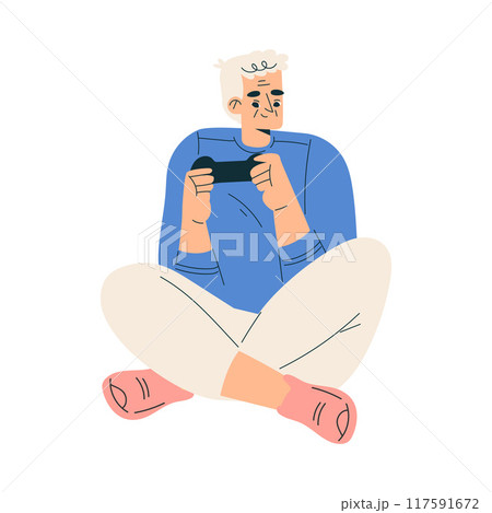 New Technologies with Senior Man Character with Gamepad Play Video Game Vector Illustration 117591672