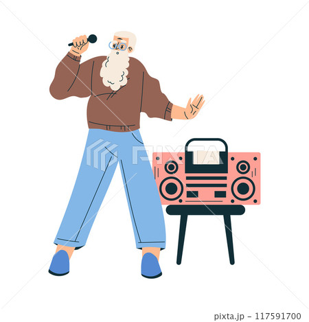 New Technologies with Senior Bearded Man Character Sing Karaoke Vector Illustration 117591700