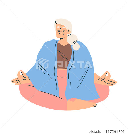 Elderly Woman Character Sit in Yoga Cross Legged Pose Vector Illustration Elderly Woman Character Sit in Yoga Cross Legged Pose Vector Illustration 117591701