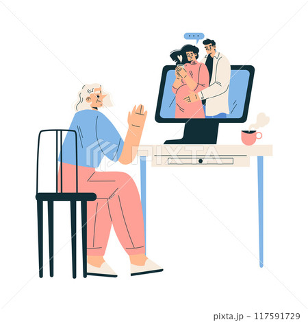New Technologies with Senior Woman Character at Computer Have Video Call Vector Illustration 117591729