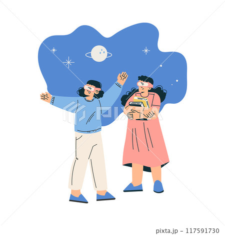 New Technologies with Girl Kid Character in Virtual Glasses Study Space Vector Illustration 117591730