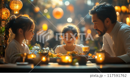 Thanksgiving with a family sharing a meal in a family setting. The scene emphasizes the importance of love, connection, and gratitude. 117591762