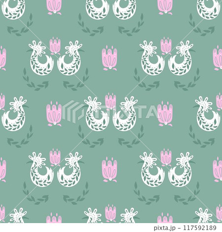 Folk ornamental bird and flowers seamless pattern. Suitable for printing on fabric and paper. Vector background 117592189