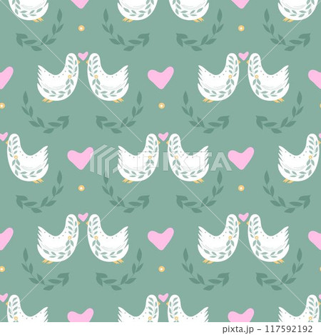 Folk ornamental bird and hearts seamless pattern. Suitable for printing on fabric and paper. Vector background 117592192
