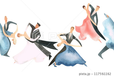 Ballroom dancing, standard. Adult couples on the parquet. Isolated watercolor illustration. Seamless border, banner for website design of a school or ballroom dance studio. Ballroom dancing, standard. Adult couples on the parquet. Isolated watercolor illustration. Seamless border, banner for website design of a school or ballroom dance studio. 117592282
