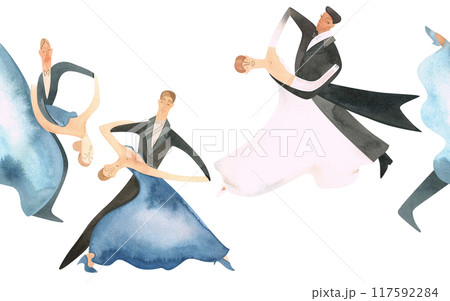 Ballroom dancing, standard. Adult couples on the parquet. Isolated watercolor illustration. Seamless border, banner for website design of a school or ballroom dance studio. Ballroom dancing, standard. Adult couples on the parquet. Isolated watercolor illustration. Seamless border, banner for website design of a school or ballroom dance studio. 117592284