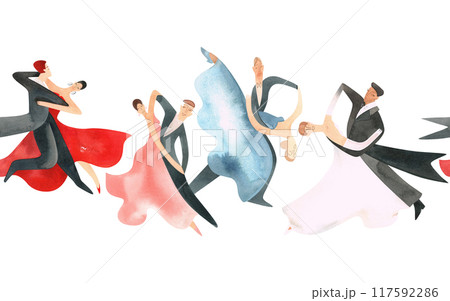 Ballroom dancing, standard. Adult couples on the parquet. Isolated watercolor illustration. Seamless border, banner for website design of a school or ballroom dance studio. Ballroom dancing, standard. Adult couples on the parquet. Isolated watercolor illustration. Seamless border, banner for website design of a school or ballroom dance studio. 117592286