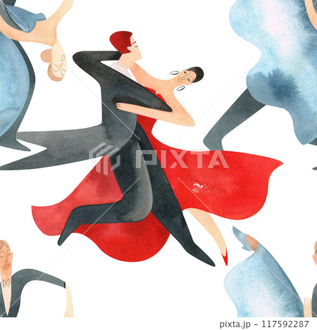 Ballroom dancing, standard. Adult couples on the parquet. Isolated watercolor illustration. Seamless pattern. White background 117592287
