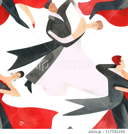 Ballroom dancing, standard. Adult couples on the parquet. Isolated watercolor illustration. Seamless pattern. White background Ballroom dancing, standard. Adult couples on the parquet. Isolated watercolor illustration. Seamless pattern. White background 117592288