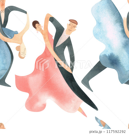 Ballroom dancing, standard. Adult couples on the parquet. Isolated watercolor illustration. Seamless pattern. White background 117592292
