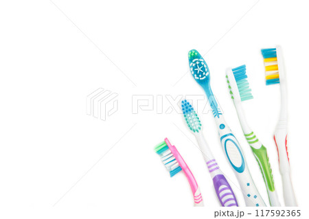 Toothbrushes set isolated on a white background. Toothbrushes set isolated on a white background. 117592365