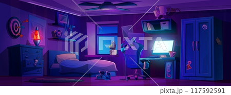 Teen boy bedroom interior at night 117592591