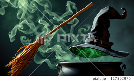 Witch's hat, broom, and cauldron with green smoke. AI generation 117592970