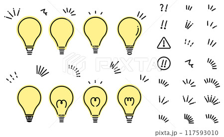 電球と感嘆符（エクスクラメーションマーク）と強調・注目、マークのイラストセット 117593010