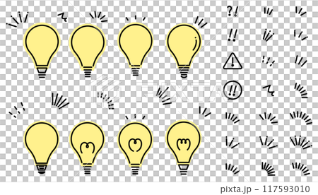 電球と感嘆符（エクスクラメーションマーク）と強調・注目、マークのイラストセット 117593010