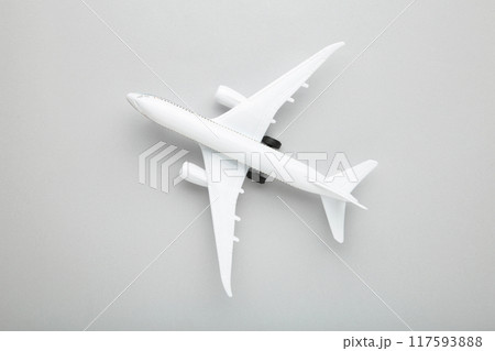 Model white airplane on a grey background. 117593888