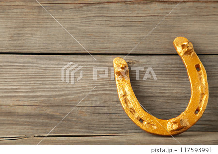 Gold horseshoe on grey background. St. Patricks day 117593991
