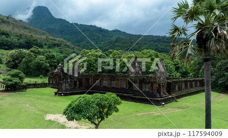 Aerial view Vat Phou or Wat Phu in Champasak, Southern Laos, Vat Phou or Wat Phu hindu temple in the Khmer Empire located in the capital of Champasak, Laos 117594009