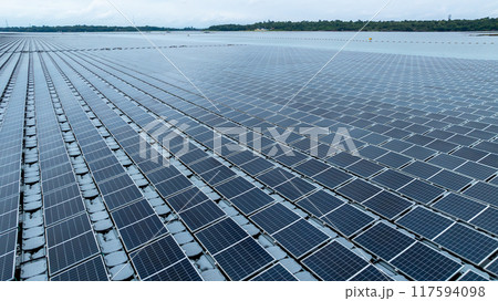 Aerial view hydro floating solar hybrid power plant, Hydro floating solar panel platform system on the lake, Power plant renewable energy source, Eco technology electric power industry. 117594098