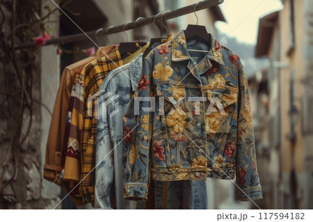 Vintage floral patterned denim jackets on a hanger 117594182