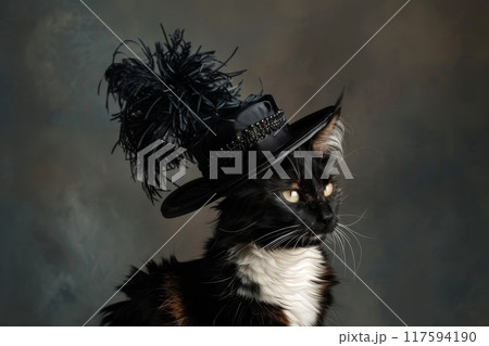 Stylish black and white cat wearing a spectacular hat with feathers 117594190