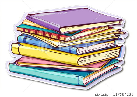 A colorful stack of books lies on a table 117594239