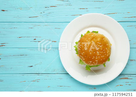 Hamburger from above on a blue background. Hamburger from above on a blue background. 117594251