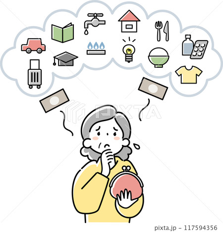 家計の出費が多くて困るシニア女性の上半身 117594356